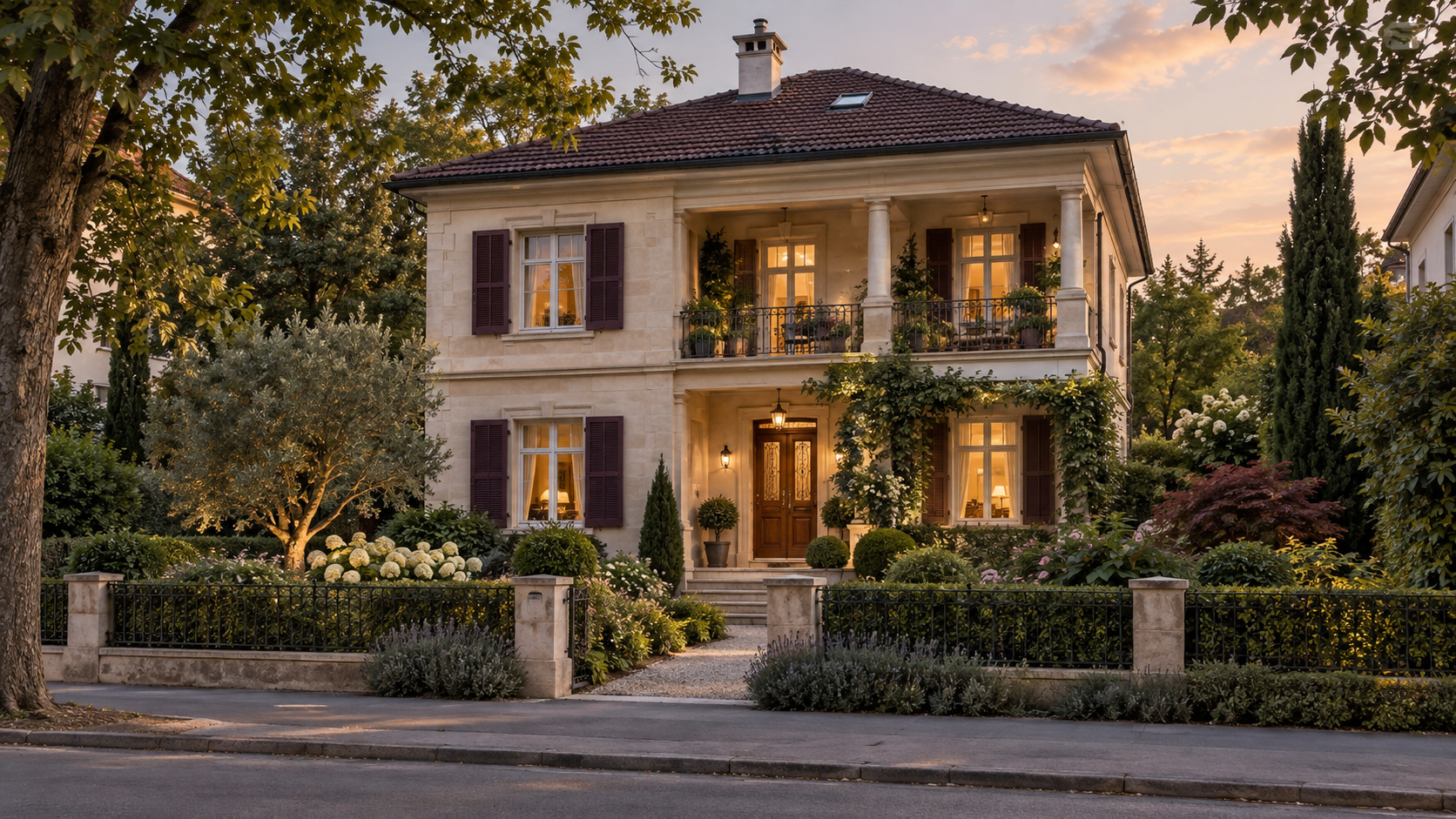 Vollständiges helles Wohnhaus hinter einem grünen Vorgarten am frühen Abend